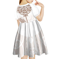 New Zealand Manta Ray Tattoo Kid Short Sleeve Dress Aotearoa Maori Haehae Beige - Polynesian Pride