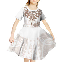 New Zealand Manta Ray Tattoo Kid Short Sleeve Dress Aotearoa Maori Haehae Beige - Polynesian Pride