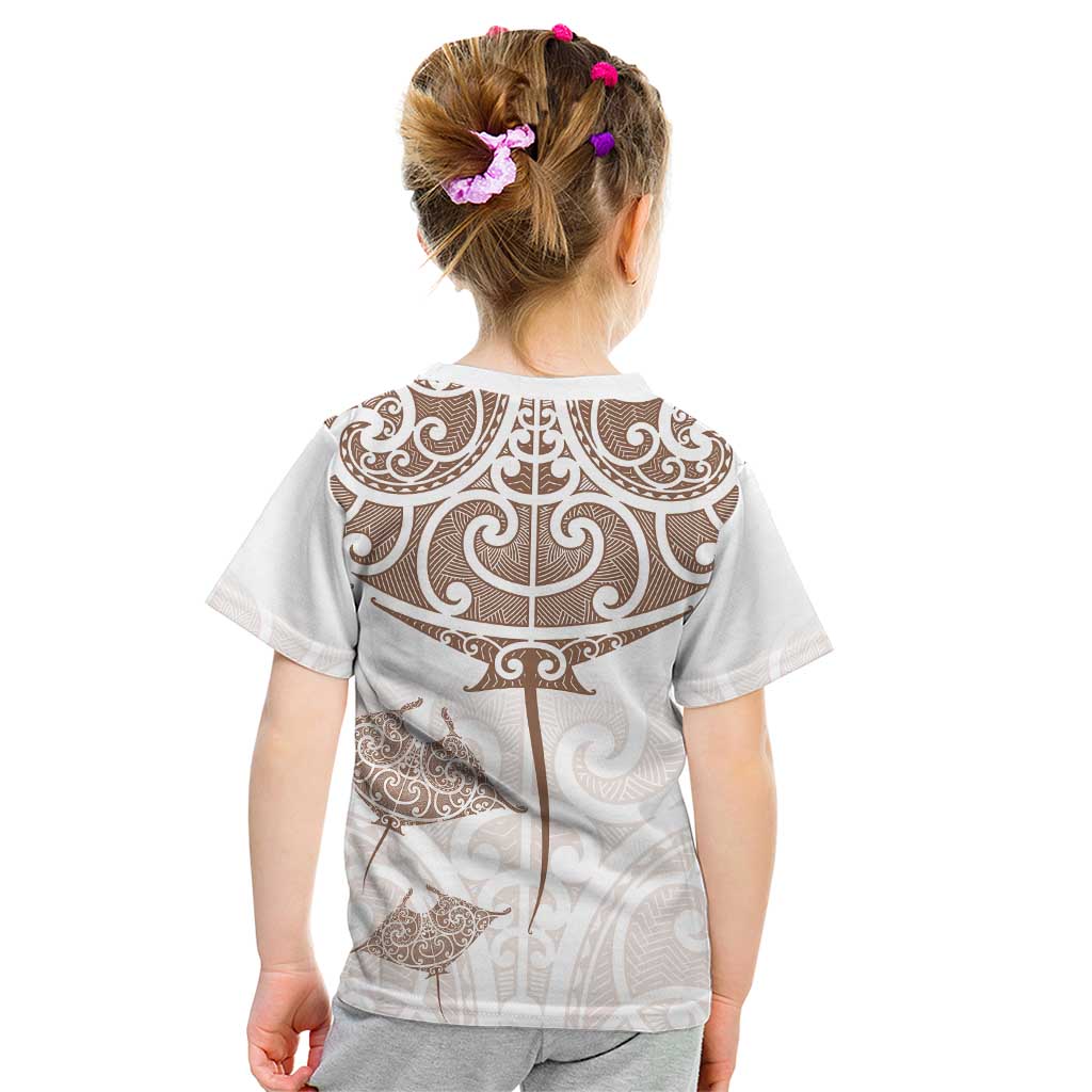 New Zealand Manta Ray Tattoo Kid T Shirt Aotearoa Maori Haehae Beige - Polynesian Pride