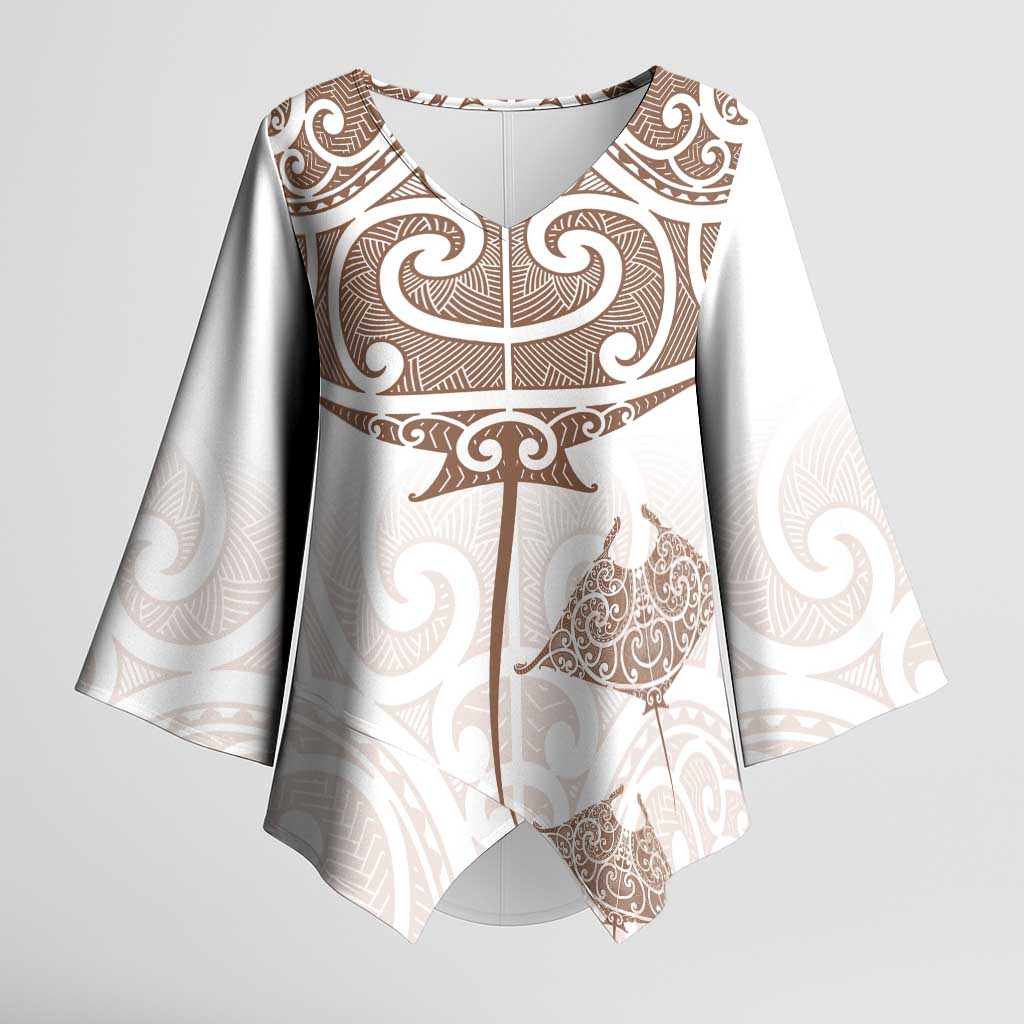 New Zealand Manta Ray Tattoo Kimono Sleeve Blouse Aotearoa Maori Haehae Beige - Polynesian Pride