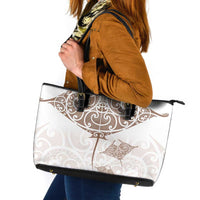 New Zealand Manta Ray Tattoo Leather Tote Bag Aotearoa Maori Haehae Beige - Polynesian Pride