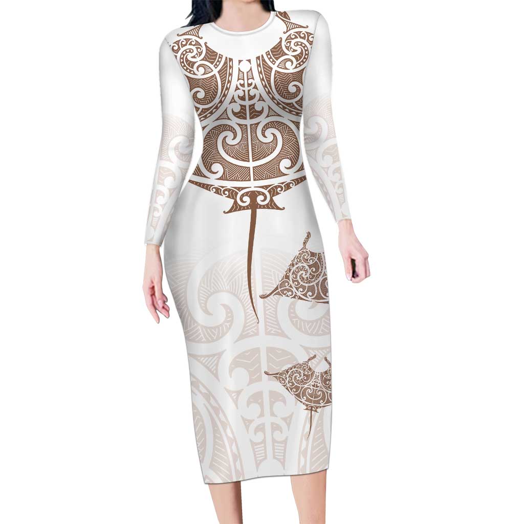 New Zealand Manta Ray Tattoo Long Sleeve Bodycon Dress Aotearoa Maori Haehae Beige - Polynesian Pride