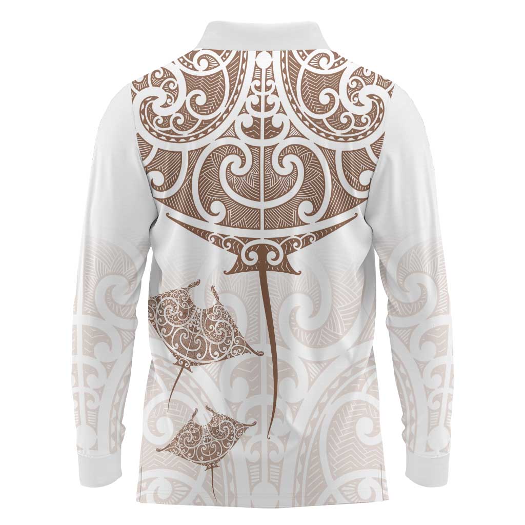New Zealand Manta Ray Tattoo Long Sleeve Polo Shirt Aotearoa Maori Haehae Beige - Polynesian Pride