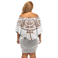 New Zealand Manta Ray Tattoo Off Shoulder Short Dress Aotearoa Maori Haehae Beige - Polynesian Pride