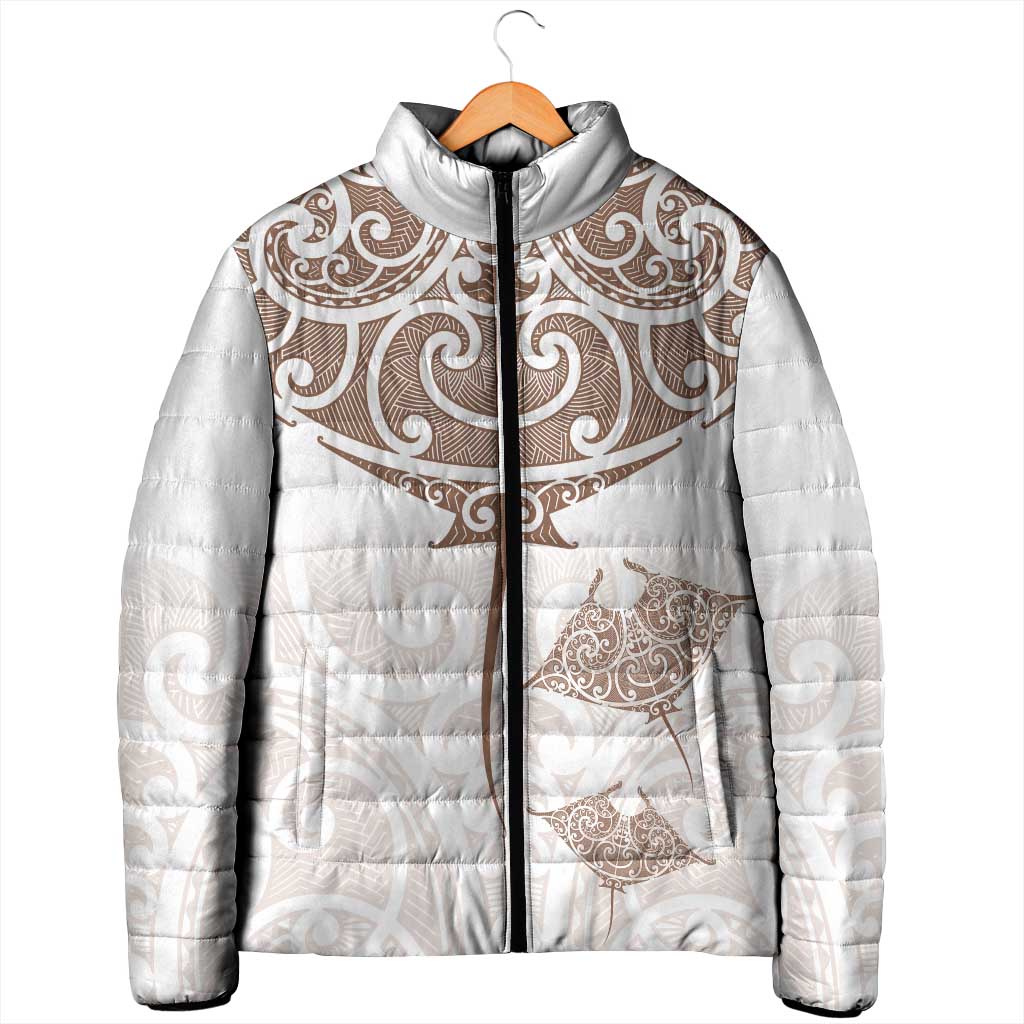 New Zealand Manta Ray Tattoo Padded Jacket Aotearoa Maori Haehae Beige - Polynesian Pride