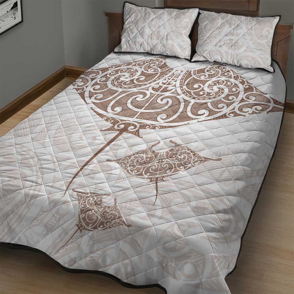 New Zealand Manta Ray Tattoo Quilt Bed Set Aotearoa Maori Haehae Beige - Polynesian Pride