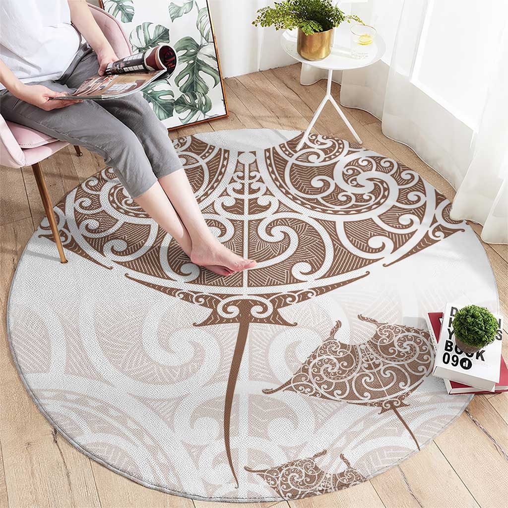 New Zealand Manta Ray Tattoo Round Carpet Aotearoa Maori Haehae Beige - Polynesian Pride