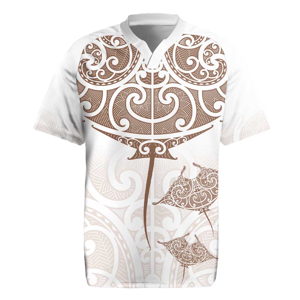 New Zealand Manta Ray Tattoo Rugby Jersey Aotearoa Maori Haehae Beige - Polynesian Pride