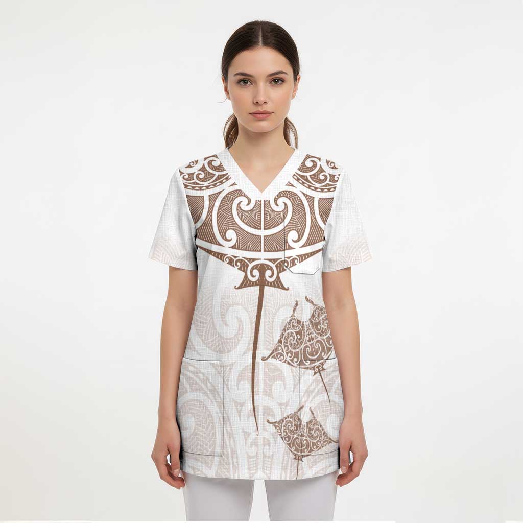 New Zealand Manta Ray Tattoo Scrub Top Aotearoa Maori Haehae Beige - Polynesian Pride