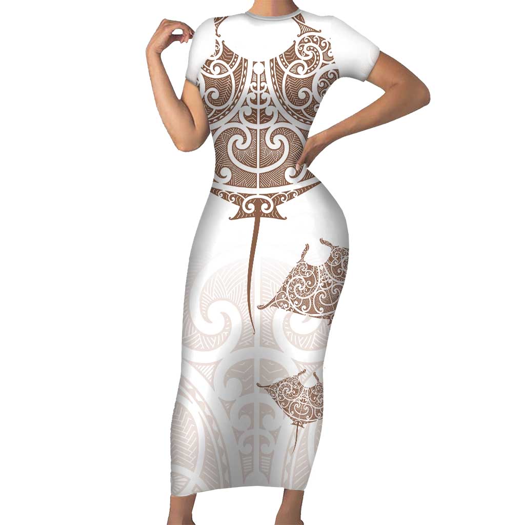 New Zealand Manta Ray Tattoo Short Sleeve Bodycon Dress Aotearoa Maori Haehae Beige - Polynesian Pride