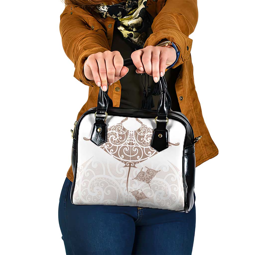 New Zealand Manta Ray Tattoo Shoulder Handbag Aotearoa Maori Haehae Beige - Polynesian Pride