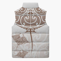 New Zealand Manta Ray Tattoo Sleeveless Puffer Jacket Aotearoa Maori Haehae Beige - Polynesian Pride