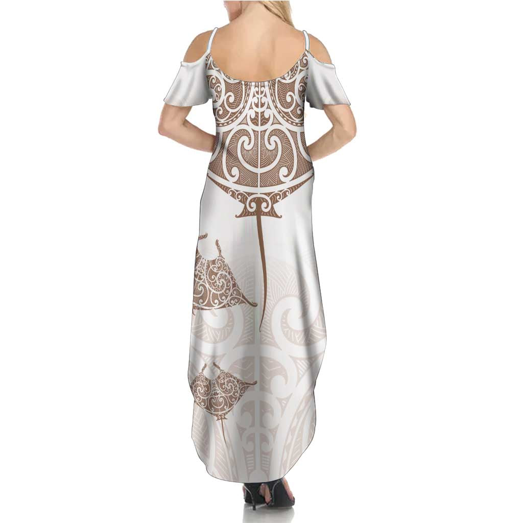 New Zealand Manta Ray Tattoo Summer Maxi Dress Aotearoa Maori Haehae Beige - Polynesian Pride