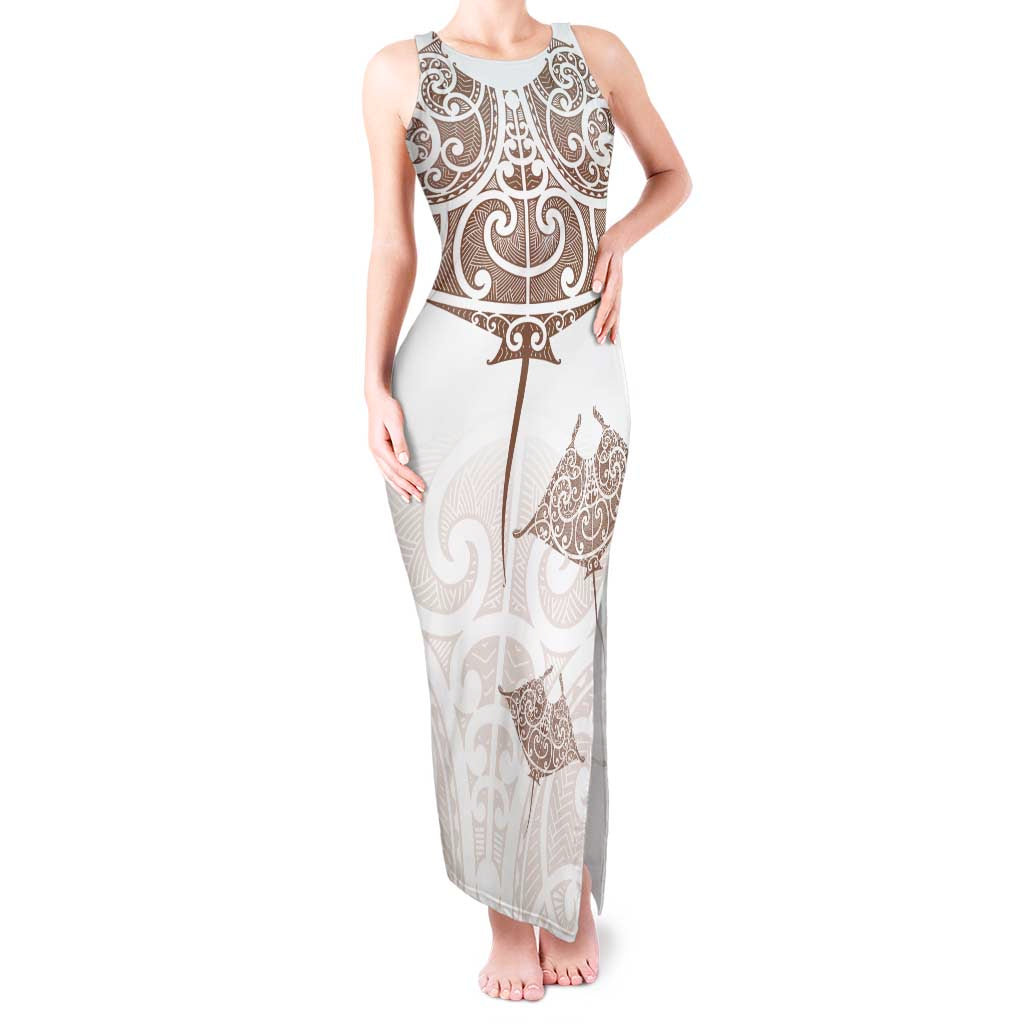 New Zealand Manta Ray Tattoo Tank Maxi Dress Aotearoa Maori Haehae Beige - Polynesian Pride