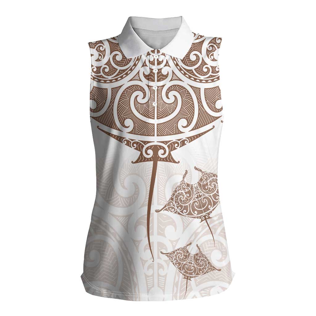 New Zealand Manta Ray Tattoo Women Sleeveless Polo Shirt Aotearoa Maori Haehae Beige - Polynesian Pride
