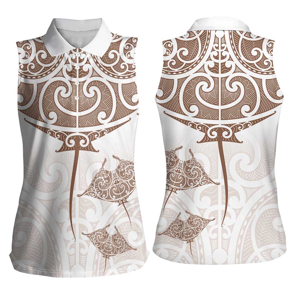 New Zealand Manta Ray Tattoo Women Sleeveless Polo Shirt Aotearoa Maori Haehae Beige - Polynesian Pride