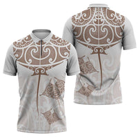New Zealand Manta Ray Tattoo Zipper Polo Shirt Aotearoa Maori Haehae Beige - Polynesian Pride