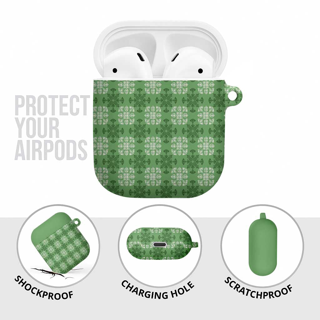 Green Hawaiian Quilt AirPods Case Hawaii Pineapple Monstera Palaka Motifs - Polynesian Pride