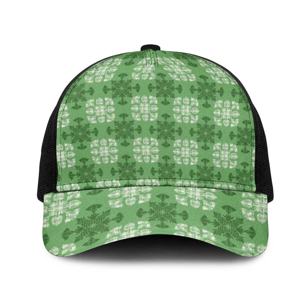 Green Hawaiian Quilt Baseball Net Cap Hawaii Pineapple Monstera Palaka Motifs - Polynesian Pride