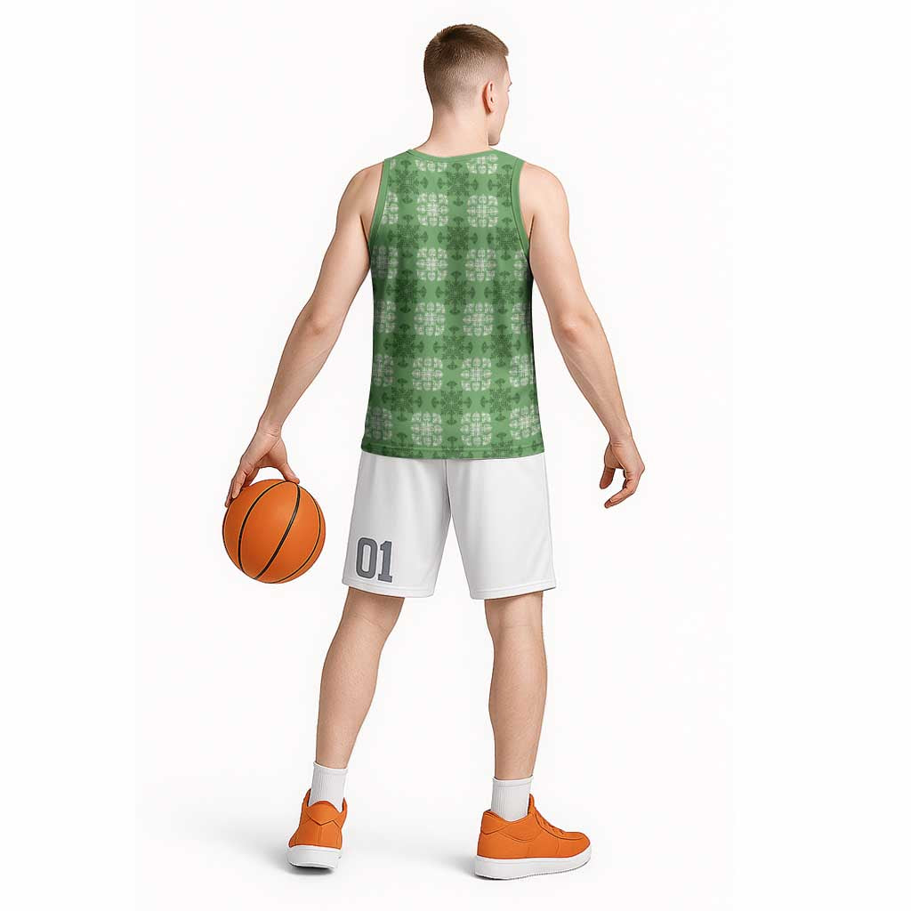 Green Hawaiian Quilt Basketball Jersey Hawaii Pineapple Monstera Palaka Motifs - Polynesian Pride