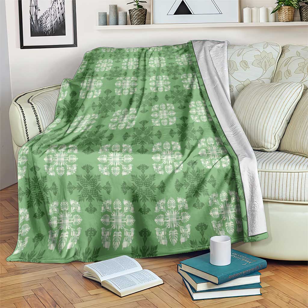 Green Hawaiian Quilt Blanket Hawaii Pineapple Monstera Palaka Motifs - Polynesian Pride