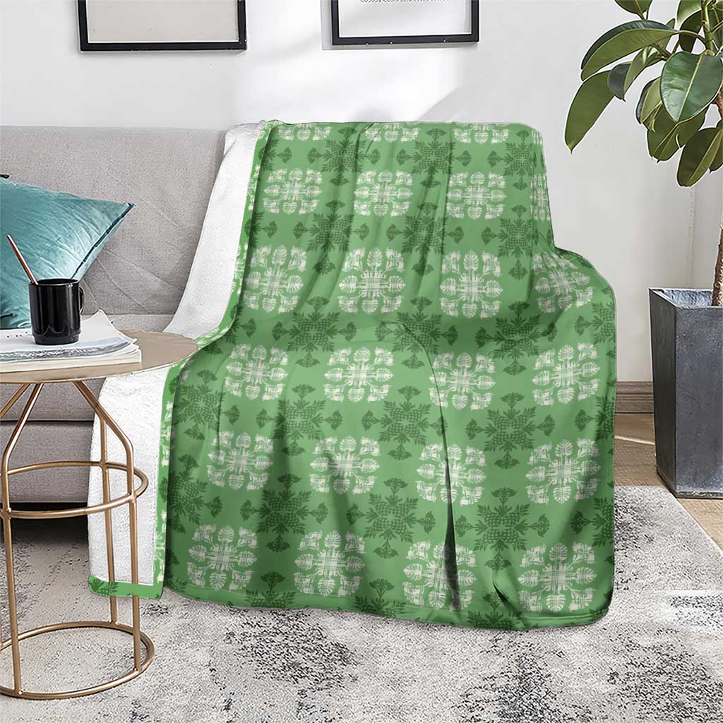 Green Hawaiian Quilt Blanket Hawaii Pineapple Monstera Palaka Motifs - Polynesian Pride