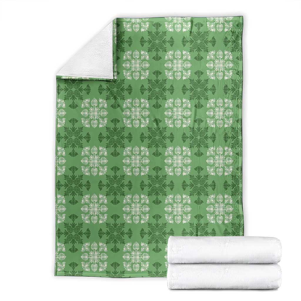 Green Hawaiian Quilt Blanket Hawaii Pineapple Monstera Palaka Motifs - Polynesian Pride