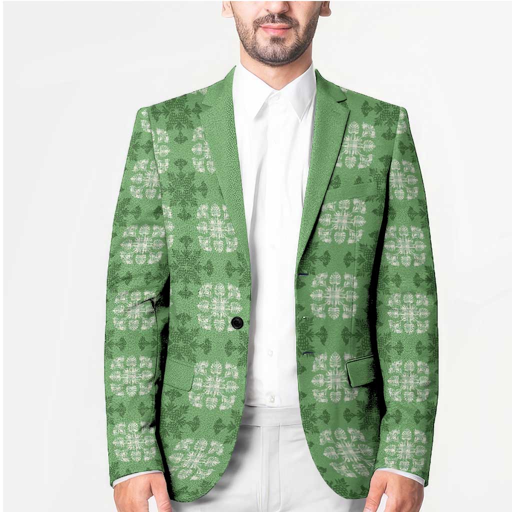 Green Hawaiian Quilt Blazer Hawaii Pineapple Monstera Palaka Motifs - Polynesian Pride