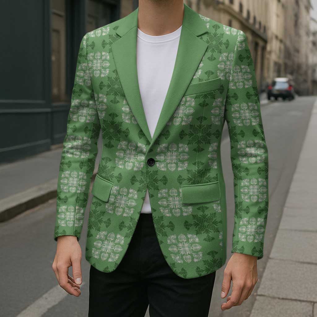 Green Hawaiian Quilt Blazer Hawaii Pineapple Monstera Palaka Motifs - Polynesian Pride