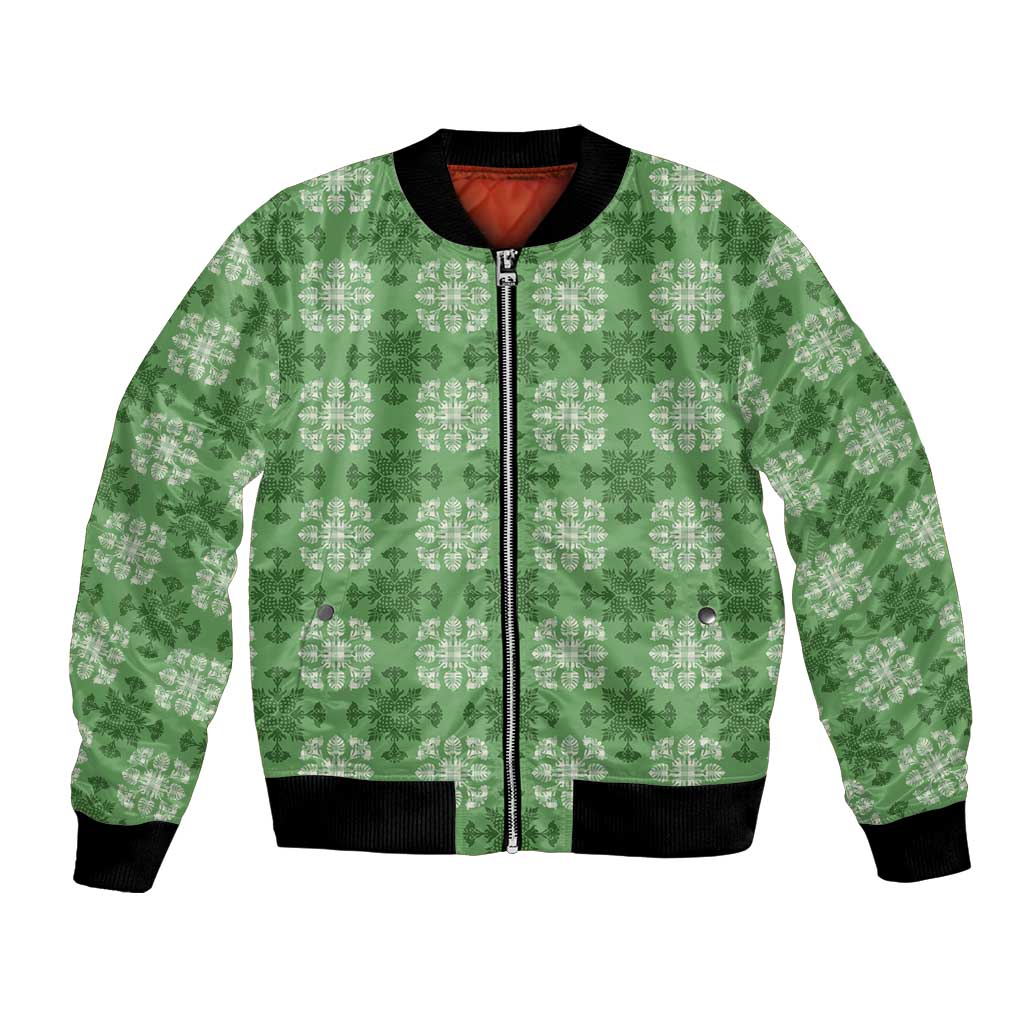Green Hawaiian Quilt Bomber Jacket Hawaii Pineapple Monstera Palaka Motifs - Polynesian Pride