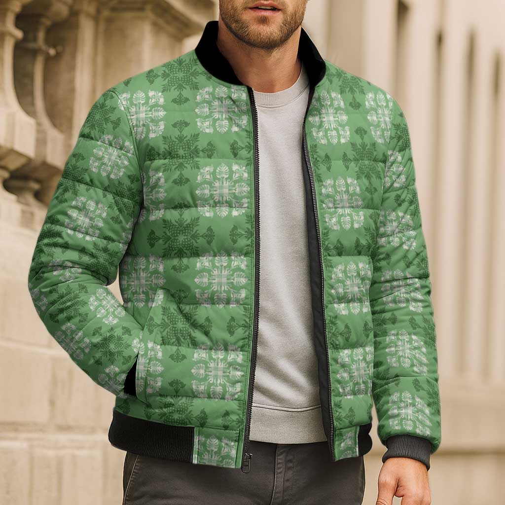 Green Hawaiian Quilt Bomber Puffer Jacket Hawaii Pineapple Monstera Palaka Motifs - Polynesian Pride