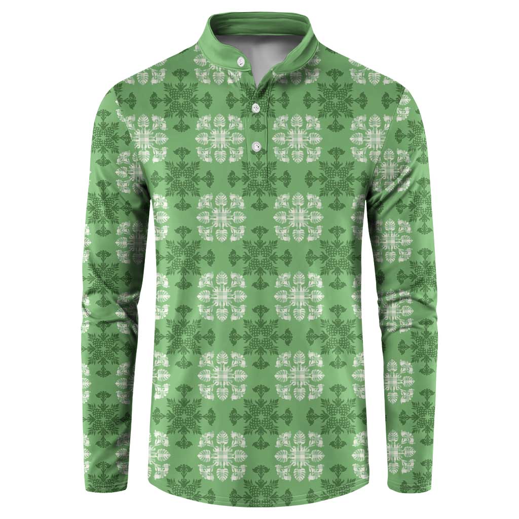 Green Hawaiian Quilt Button Sweatshirt Hawaii Pineapple Monstera Palaka Motifs - Polynesian Pride
