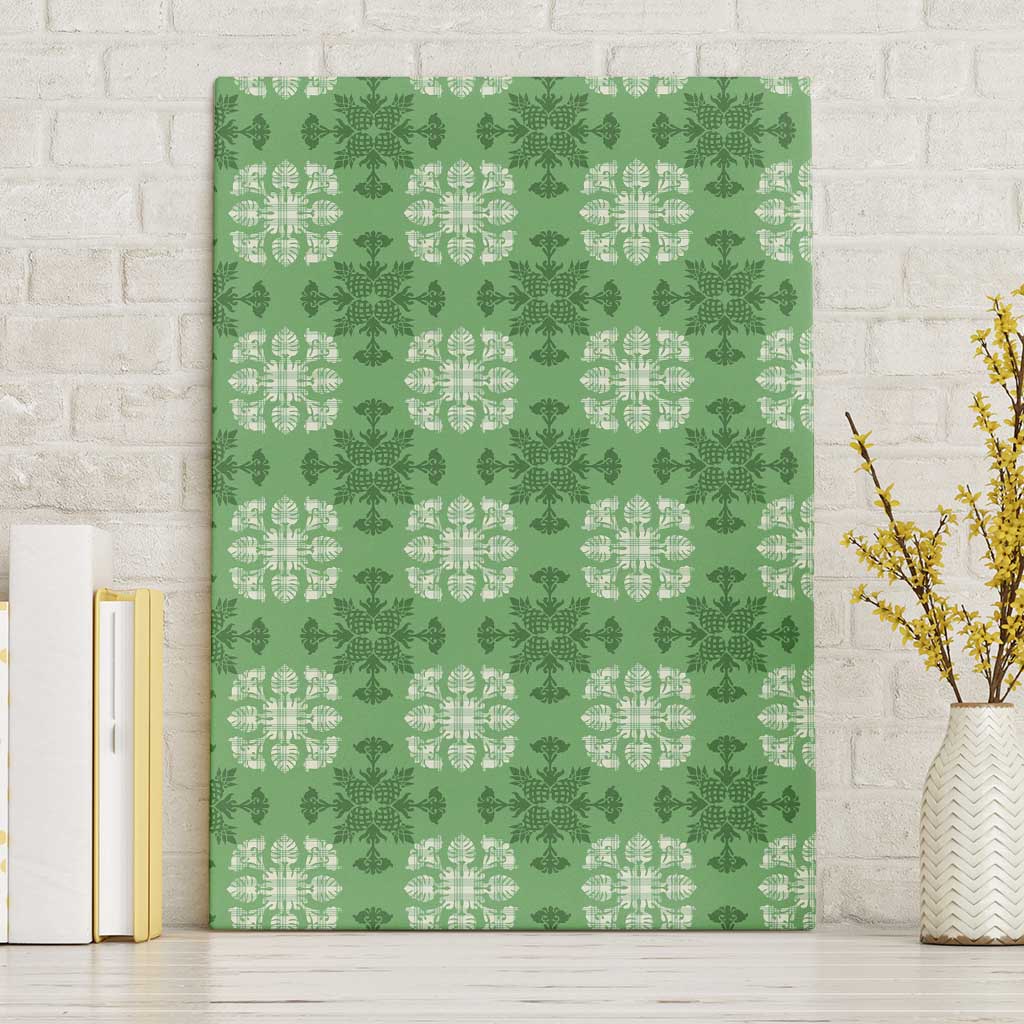 Green Hawaiian Quilt Canvas Wall Art Hawaii Pineapple Monstera Palaka Motifs - Polynesian Pride