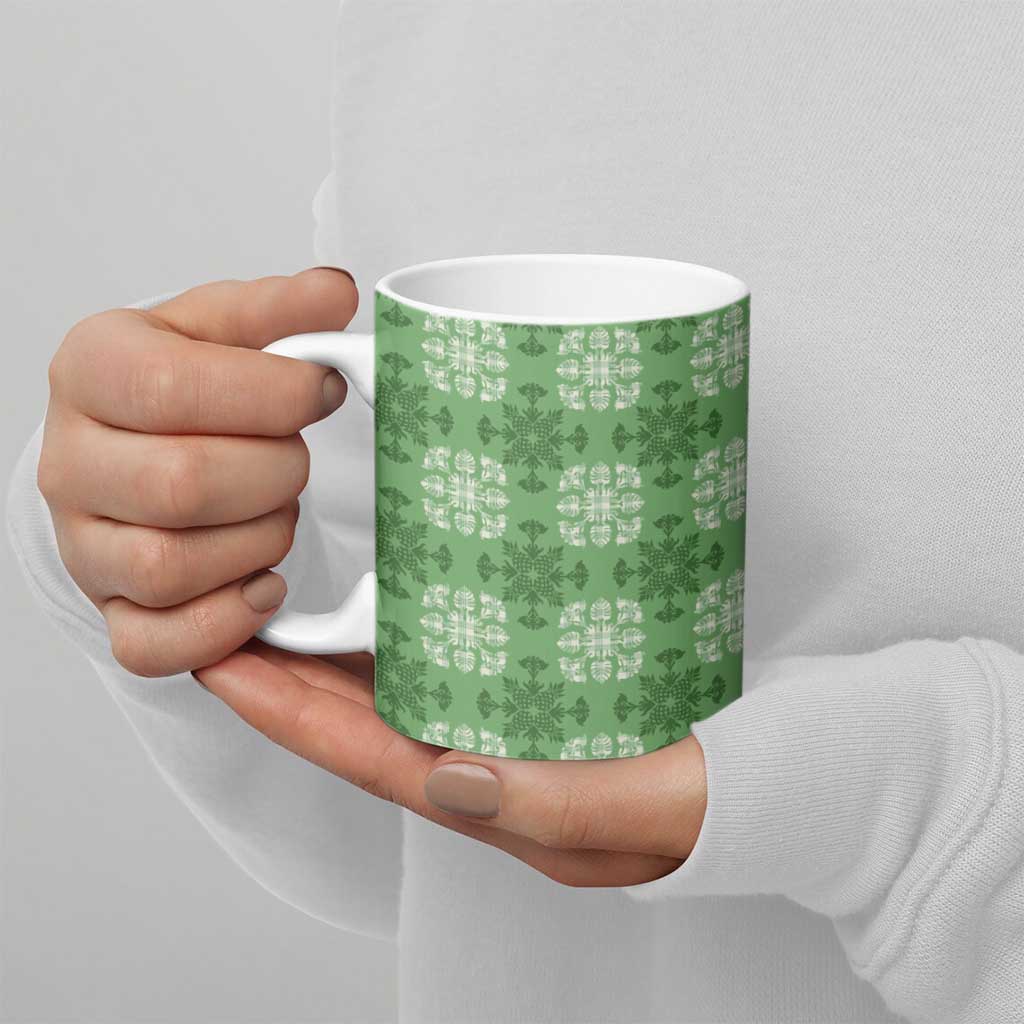 Green Hawaiian Quilt Ceramic Mug Hawaii Pineapple Monstera Palaka Motifs - Polynesian Pride