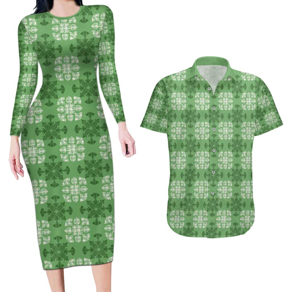 Green Hawaiian Quilt Couples Matching Long Sleeve Bodycon Dress and Hawaiian Shirt Hawaii Pineapple Monstera Palaka Motifs - Polynesian Pride