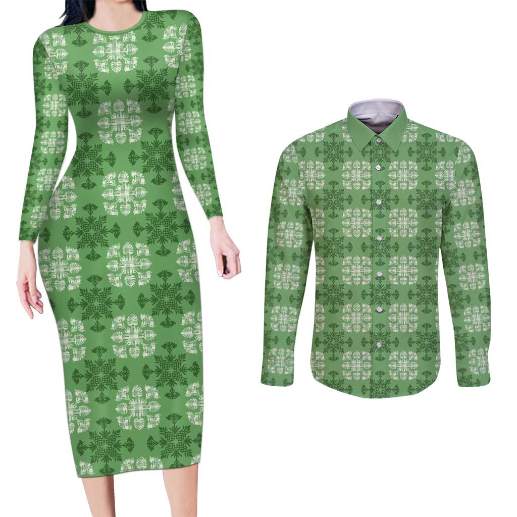 Green Hawaiian Quilt Couples Matching Long Sleeve Bodycon Dress and Long Sleeve Button Shirt Hawaii Pineapple Monstera Palaka Motifs - Polynesian Pride