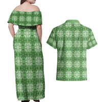 Green Hawaiian Quilt Couples Matching Off Shoulder Maxi Dress and Hawaiian Shirt Hawaii Pineapple Monstera Palaka Motifs - Polynesian Pride