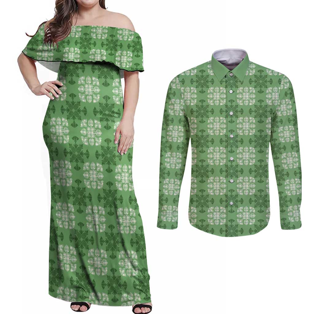 Green Hawaiian Quilt Couples Matching Off Shoulder Maxi Dress and Long Sleeve Button Shirt Hawaii Pineapple Monstera Palaka Motifs - Polynesian Pride