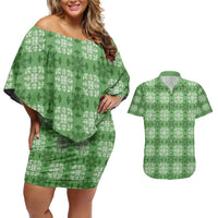 Green Hawaiian Quilt Couples Matching Off Shoulder Short Dress and Hawaiian Shirt Hawaii Pineapple Monstera Palaka Motifs - Polynesian Pride