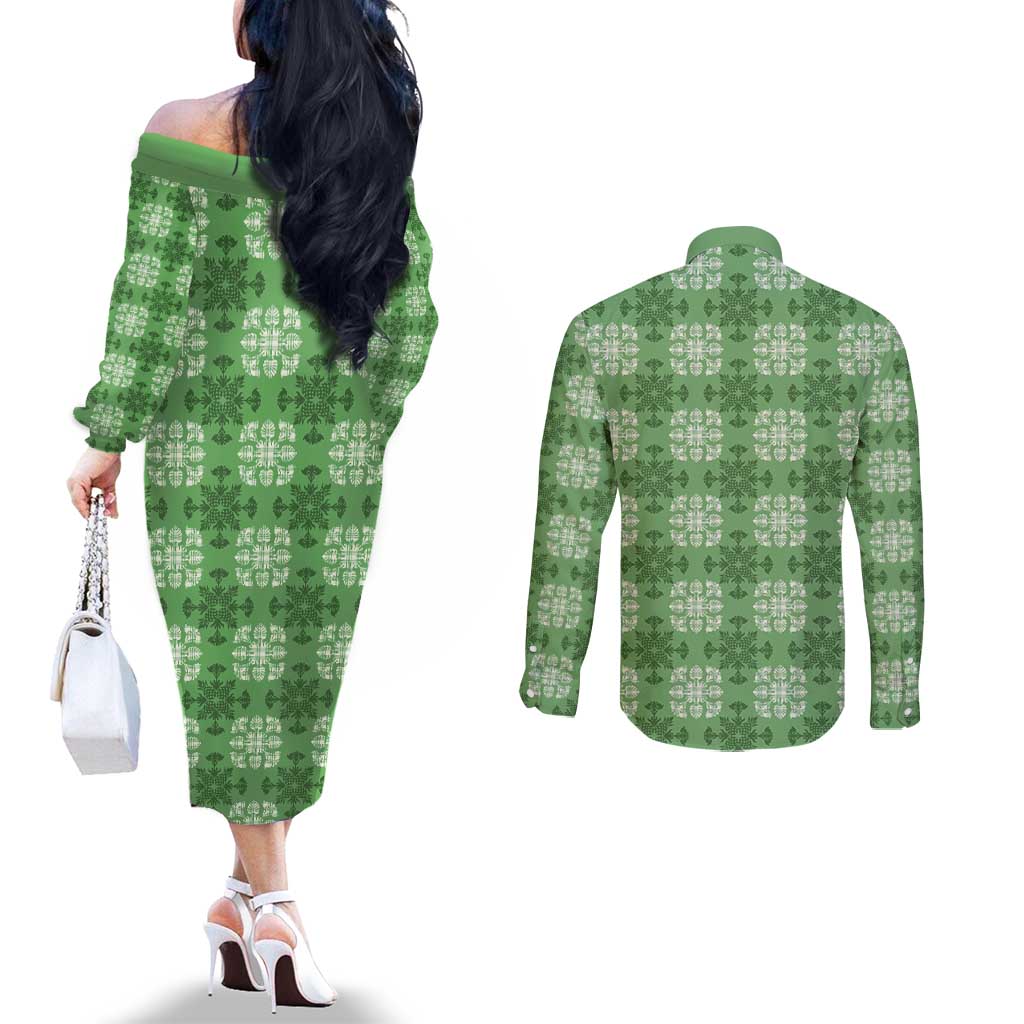 Green Hawaiian Quilt Couples Matching Off The Shoulder Long Sleeve Dress and Long Sleeve Button Shirt Hawaii Pineapple Monstera Palaka Motifs - Polynesian Pride