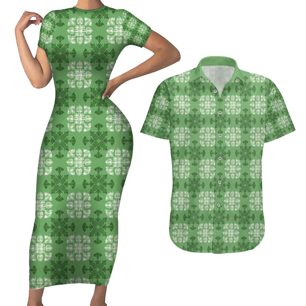 Green Hawaiian Quilt Couples Matching Short Sleeve Bodycon Dress and Hawaiian Shirt Hawaii Pineapple Monstera Palaka Motifs - Polynesian Pride