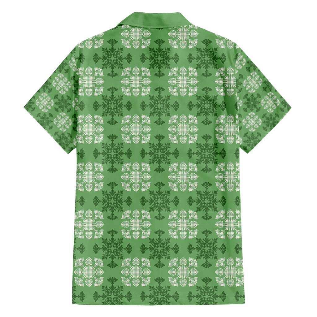 Green Hawaiian Quilt Family Matching Long Sleeve Bodycon Dress and Hawaiian Shirt Hawaii Pineapple Monstera Palaka Motifs - Polynesian Pride