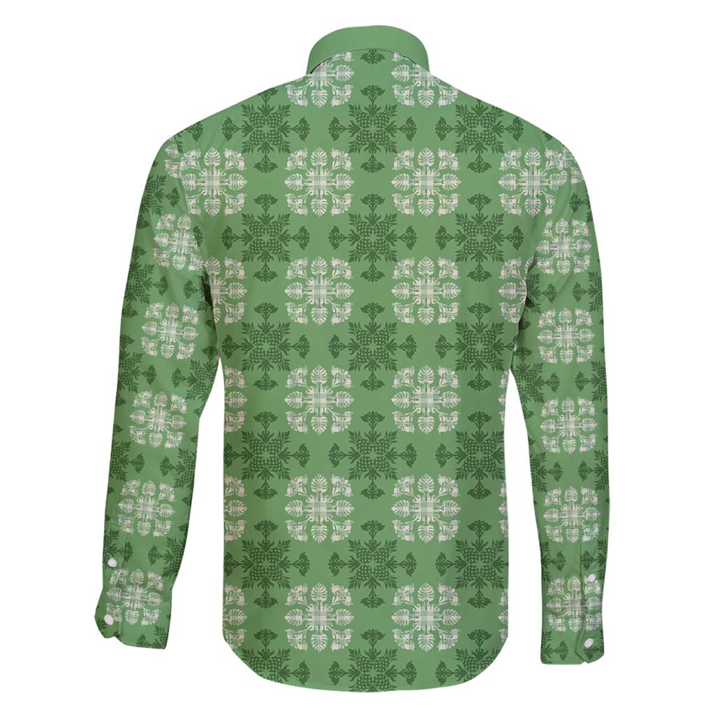 Green Hawaiian Quilt Family Matching Long Sleeve Bodycon Dress and Hawaiian Shirt Hawaii Pineapple Monstera Palaka Motifs - Polynesian Pride