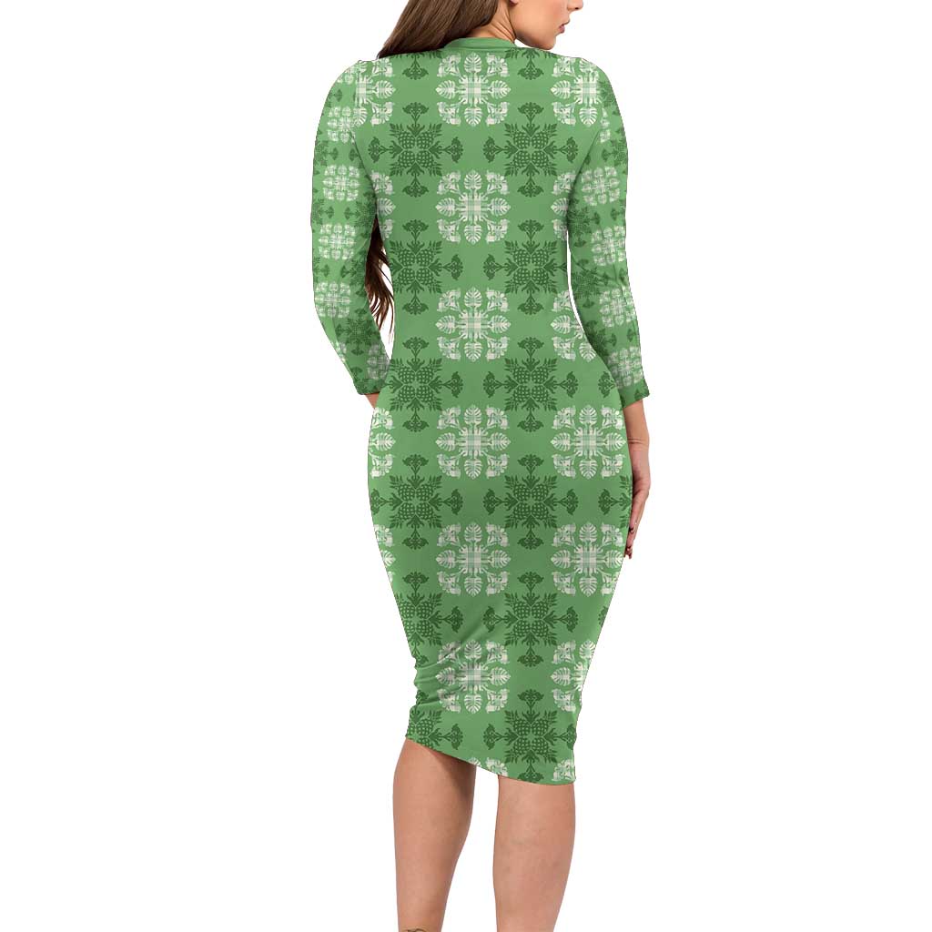 Green Hawaiian Quilt Family Matching Long Sleeve Bodycon Dress and Hawaiian Shirt Hawaii Pineapple Monstera Palaka Motifs - Polynesian Pride