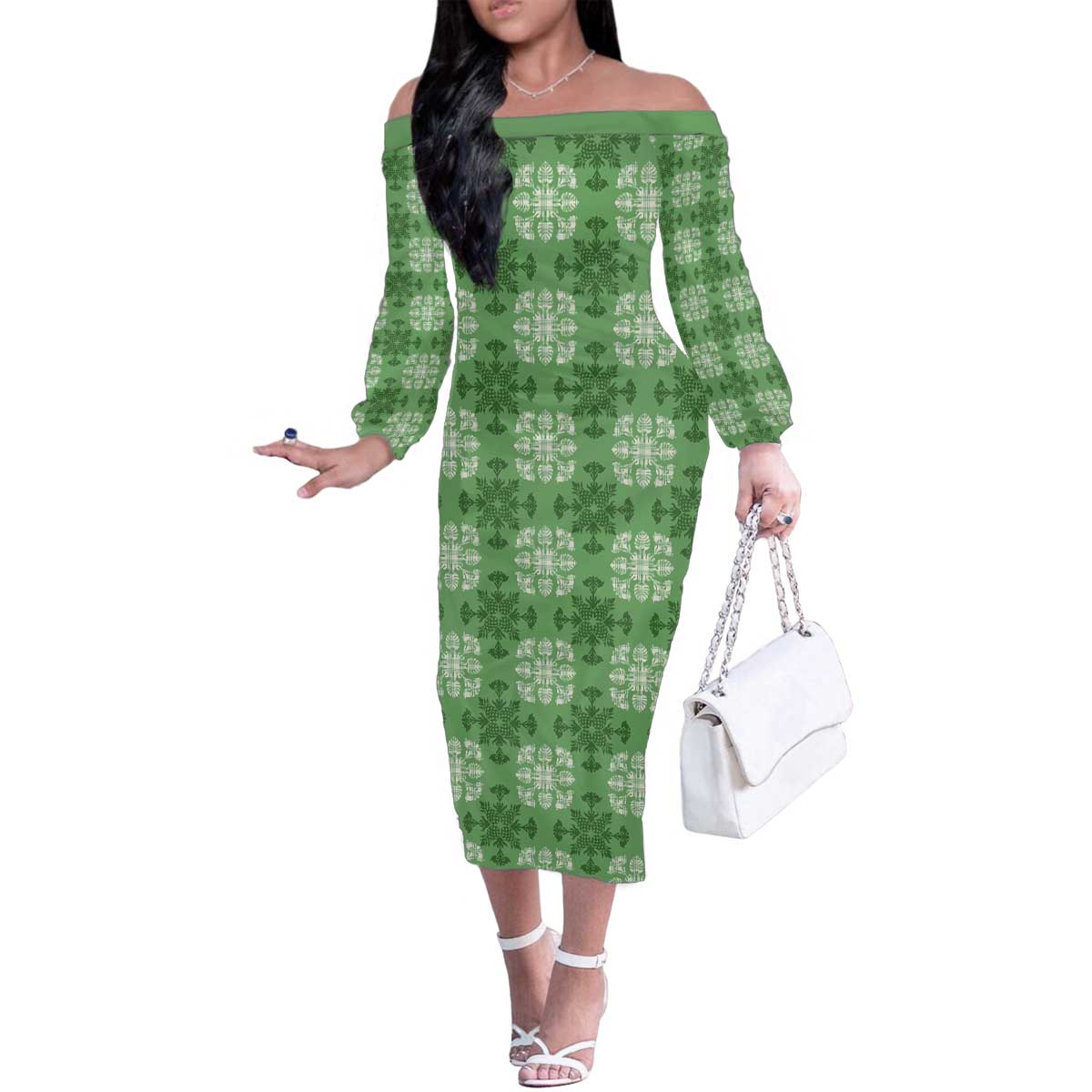 Green Hawaiian Quilt Family Matching Off The Shoulder Long Sleeve Dress and Hawaiian Shirt Hawaii Pineapple Monstera Palaka Motifs - Polynesian Pride