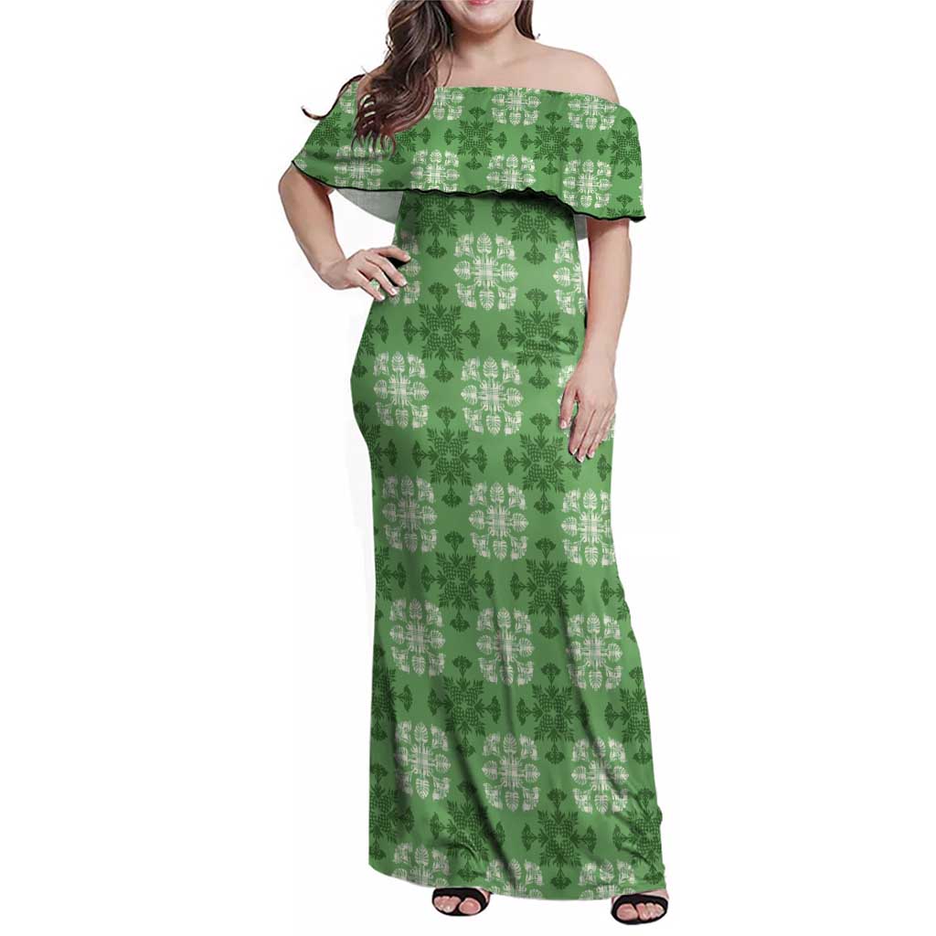 Green Hawaiian Quilt Family Matching Off Shoulder Maxi Dress and Hawaiian Shirt Hawaii Pineapple Monstera Palaka Motifs - Polynesian Pride
