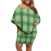 Green Hawaiian Quilt Family Matching Off Shoulder Short Dress and Hawaiian Shirt Hawaii Pineapple Monstera Palaka Motifs - Polynesian Pride
