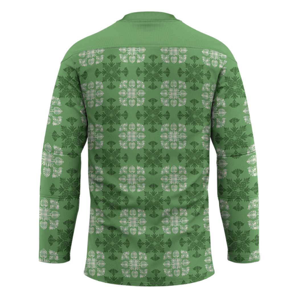 Green Hawaiian Quilt Hockey Jersey Hawaii Pineapple Monstera Palaka Motifs - Polynesian Pride