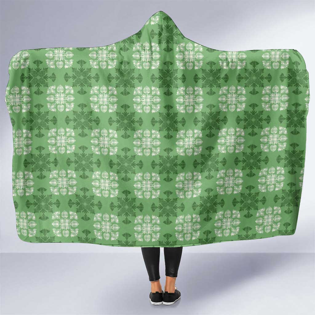 Green Hawaiian Quilt Hooded Blanket Hawaii Pineapple Monstera Palaka Motifs - Polynesian Pride