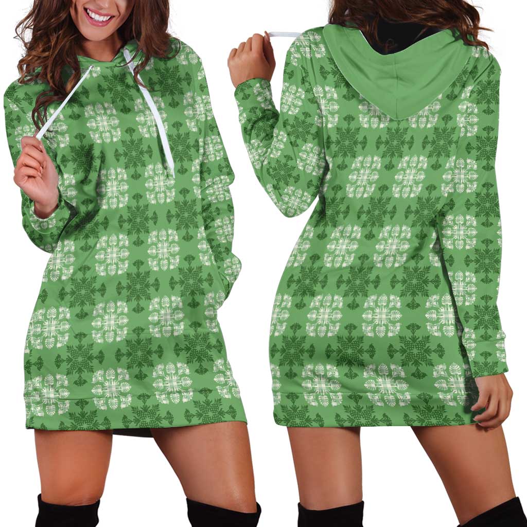 Green Hawaiian Quilt Hoodie Dress Hawaii Pineapple Monstera Palaka Motifs - Polynesian Pride